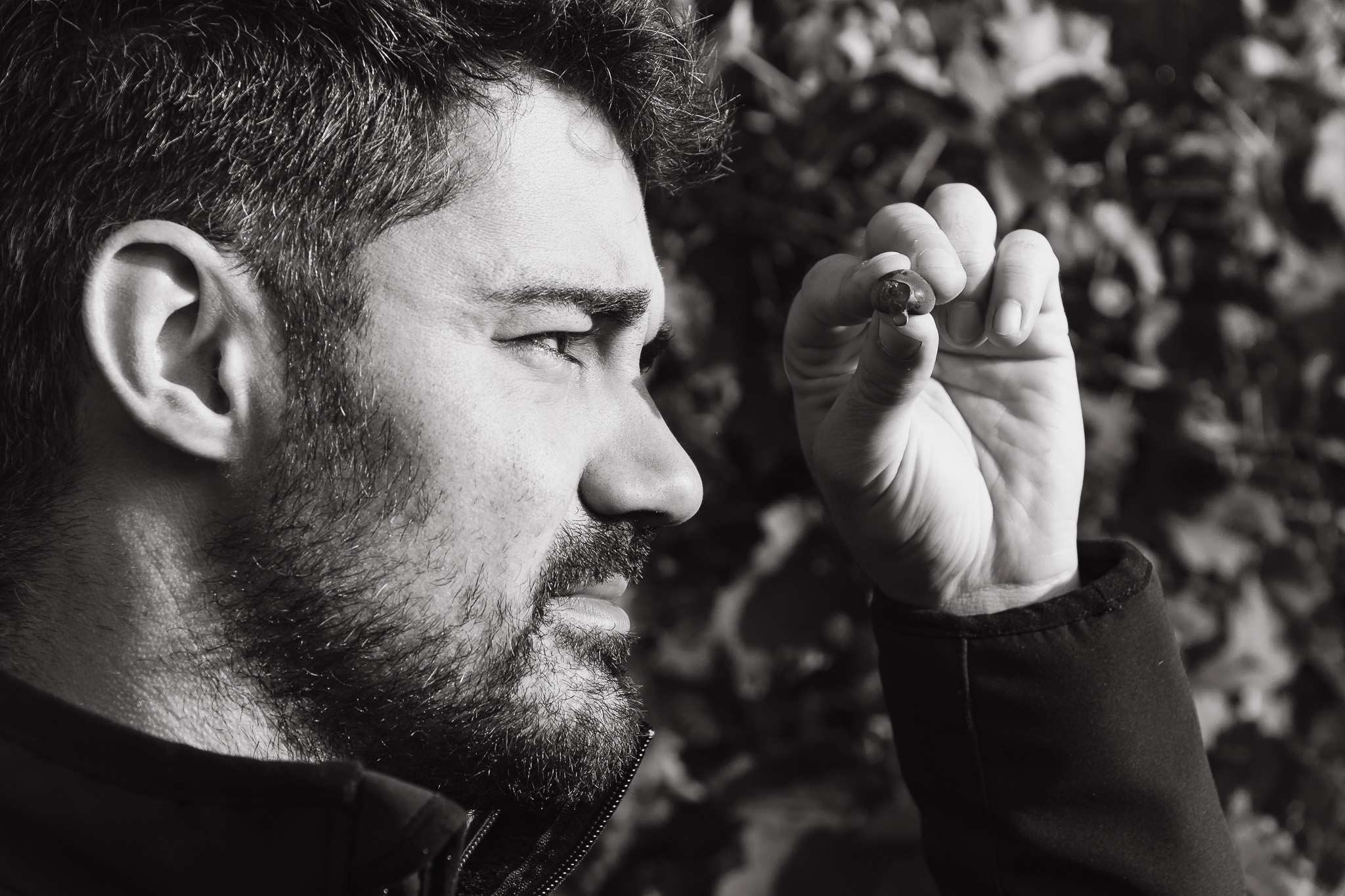 Paolo osserva un acino, controllo qualità in vigna a settembre